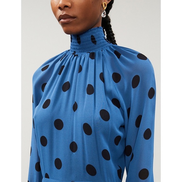 Reformation Valentin Blue & Black Polka-dot High Neck Midi Dress - Picture 7 of 14